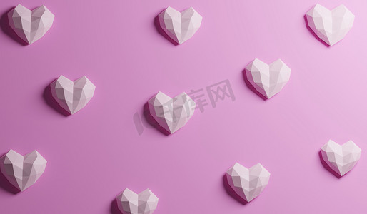 粉红色心形的几何图形组群隔离在甜的粉红颜色上，平铺，顶部视图。浪漫情人节背景，3D渲染