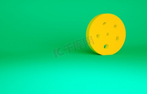 橙色饼干或饼干与巧克力图标隔离的绿色背景。最低纲领的概念。3D渲染3D插图.