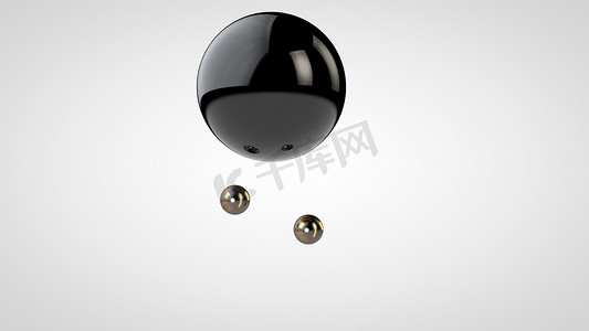 3d 插图的黑色有光泽的球，周围环绕着两个在白色背景上隔离的小球。几何形状的抽象表示。3d 渲染