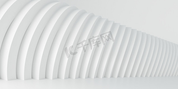 摘要建筑背景。3d白光圆形建筑物图解。现代几何壁纸。未来主义技术设计，3D图解