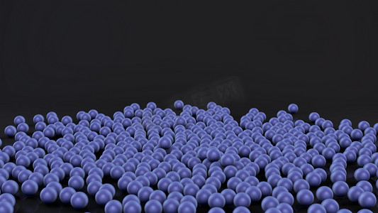 3d 渲染大量紫色和蓝色球在一堆，球体分散在黑色反射表面。未来背景的3d插图，桌面屏幕保护程序，抽象构图.