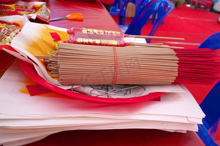 used摄影照片_Bangkok,Thailand-January 27, 2020: Bundle of incense used for Chinese New Year ceremony in Bangkok, Thailand