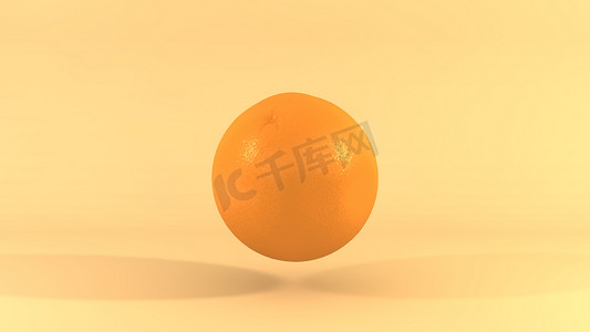 成熟的橙色特写的3D图像，在黄色背景上隔离，在表面上投射阴影。水果、柑橘的3d渲染.