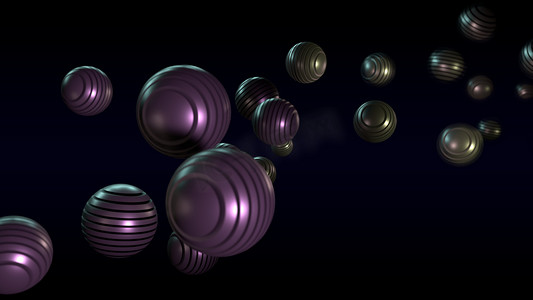 一组不同大小的球的 3d 渲染，这些球由圆形的平面元素组成。球由不同的浅紫色和金色照亮。节日歌曲插图