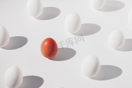 在白色背景上的几个白色卵子中的一个褐色卵子，等距组合