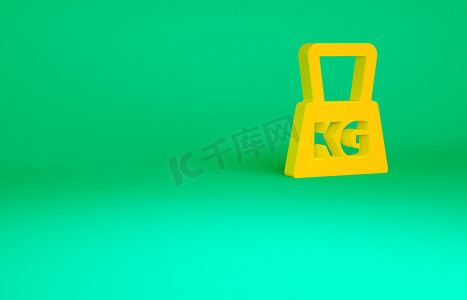 橙色重量图标孤立在绿色背景。用于举重和刻度的公斤块.质量符号。最低纲领的概念。3D渲染3D插图