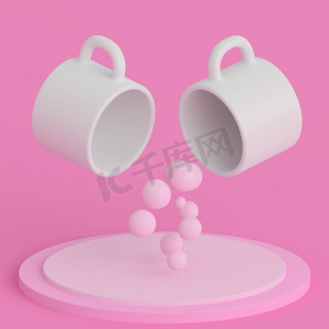 粉红简约背景的白色杯子。带有云彩和气球的咖啡和茶杯.