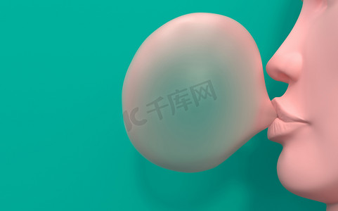 粉红的女人脸的人体模特会使口香糖的泡沫膨胀.粉色泡泡糖，背景为绿松石色。具有复制空间的创造性概念说明。3D渲染