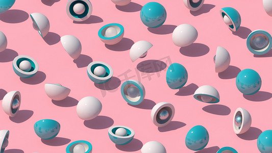 蓝色和白色的半球和球。粉色背景。摘要说明，3D渲染.