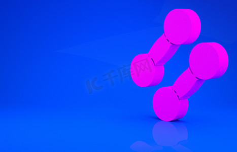 粉红色的哑铃图标隔离在蓝色背景上.肌肉举重图标,健身杠铃,体操,运动器械,运动杠铃.最低纲领的概念。3D例证。3D渲染