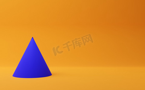 带有复制空间的橙色背景蓝锥原始几何,现代最小概念,三维图解