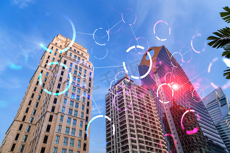 摘要现代玻璃钢摩天大楼在金融城低、宽视角的全息图中，采用了抽象技术。高科技产业成功的概念。加倍暴露.