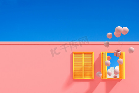 最小的抽象建筑，黄窗，蓝天背景上的漂浮气球，粉色纹理上的阴影和阴影的建筑设计。3D渲染.