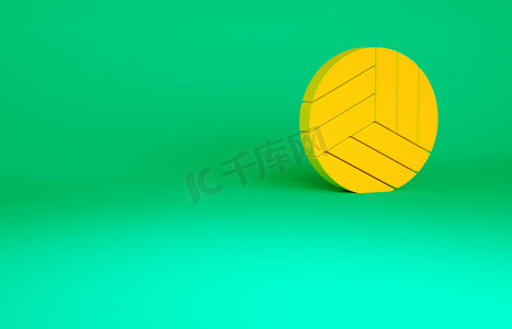 橙色排球图标孤立在绿色背景.运动器材。最低纲领的概念。3D渲染3D插图.
