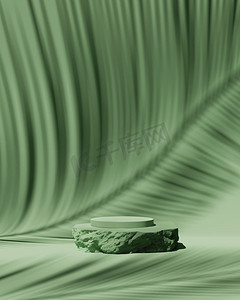 淡绿渲染摄影照片_热带淡绿色背景上的三维岩石基座平台。异国情调的天然棕榈叶影美容美发产品推石展示会。丛林最小抽象3D渲染说明