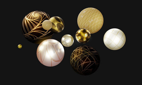 3D球面图解和庆祝图案，抽象背景图解与三维几何，有趣的设计广告横幅模板动态壁纸与球或颗粒。用于印刷品和网站的高分辨率3D绘图