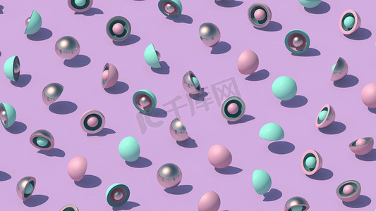 粉色和蓝色的半球和球。丁香背景。摘要说明，3D渲染.