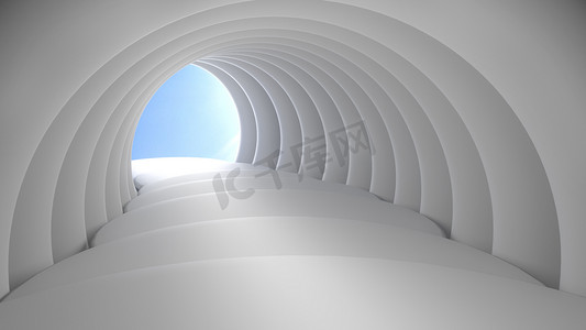 带有通向灯光的楼梯的白色隧道的抽象背景。隧道尽头的灯。模型的几何形状的场景来表示产品.3D渲染