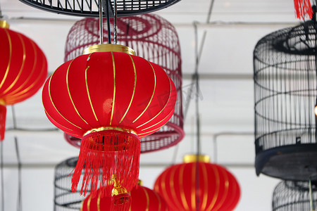 天花板上挂着红色面料灯和鸟笼灯.欢迎光临中国新年佳节.