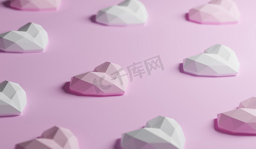几何图形组群粉红色心形孤立在甜的粉红颜色上，侧面看。浪漫情人节背景，3D渲染