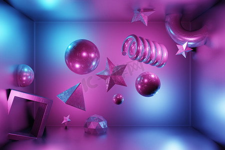 色彩潮流摄影照片_3D渲染抽象艺术的科幻小说背景。 球、立方体、恒星、螺旋体、冰球、环状金属质感的简单形式在没有重力的情况下飞行。 浅紫色，蓝色霓虹灯。 现代色彩潮流i