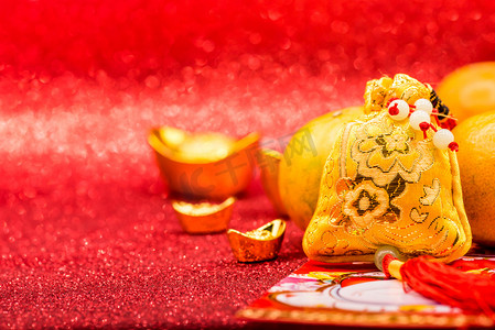 中国新年,橘子和中国金锭,传统亚洲风格