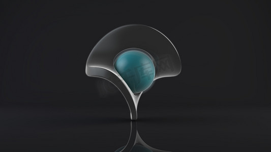 3D渲染的银美孚丝带，一个无限的象征，完美在黑暗的背景和蓝色的球，一个球体的中心的环。 抽象的图形,未来主义的设计模型. 原型型.