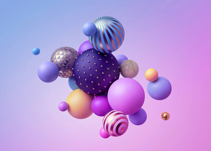彩球装饰摄影照片_3d 渲染, 抽象的粉彩球, 粉红色的蓝色气球, 几何背景, 多彩多姿的原始形状, 简约设计, 粉彩色彩调色板, 派对装饰, 塑料玩具, 孤立元素