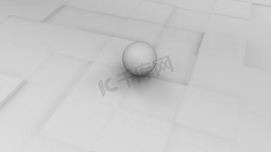 国潮浮雕摄影照片_3d 白色表面的白色球体，带有立方浮雕。未来设计，桌面的抽象背景。在曲面上混沌几何排列的 3d 渲染.