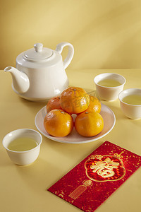 life摄影照片_Chinese new year food and drink still life with red envelope Ang pao.
