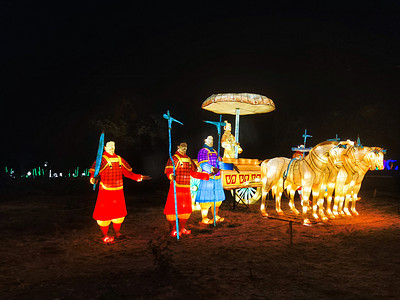 中国丝绸摄影照片_用小灯照明的白色马模型。这只动物在一个公共花园里.夜色中的中国丝绸灯笼.