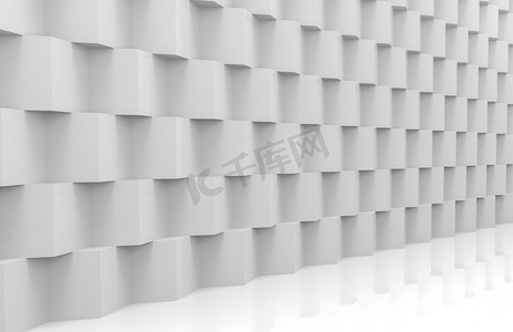 3d 渲染。抽象现代堆栈随机豪华白色立方体框墙设计背景的透视视图.