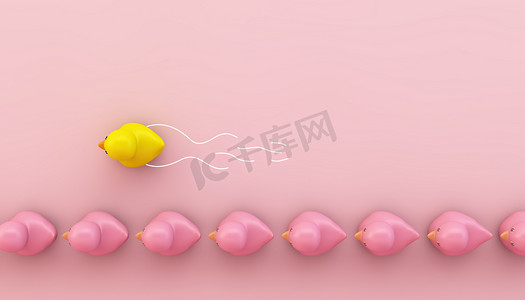 黄色橡胶鸭推进粉红色行3D渲染