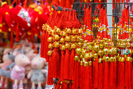 good摄影照片_Close up Chinese new year talisman gift decoration for celebrate Year of the Rat. For good luck with Chinese alphabet all means good luck and good fortune. Selective focus. copy space.