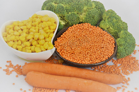 健康蔬菜食品，花椰菜，胡萝卜，玉米，扁豆