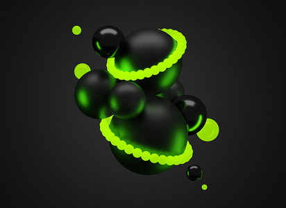 3D用荧光元素悬浮黑球，霓虹灯。抽象的飞行球面几何气泡形状，光在黑暗的黑色背景上。简约的光谱，时髦的，海报3D渲染. 