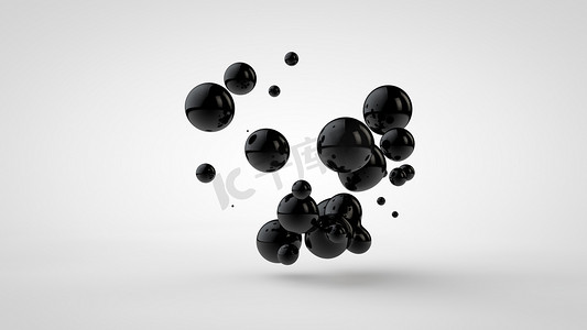 黑色油滴在白色背景上随机间隔和隔离的 3d 插图。3d 渲染，混乱和混乱的抽象图像.