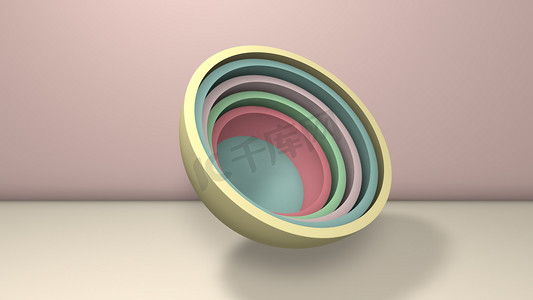三维的例子几个半球，球的一半类似盘子，杯子... 这些部分是随机安排的。 3D渲染，抽象简约背景.