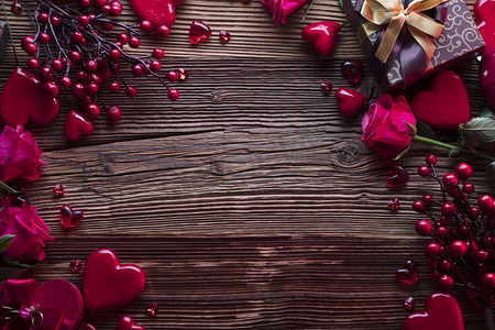 本周热点摄影照片_情人节背景。心, 玫瑰, 礼物和浪漫的装饰在质朴的木桌上。排版位置.