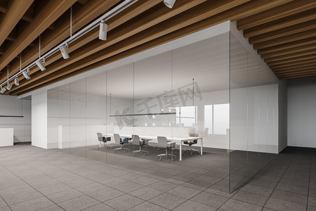 现代会议室的角落，有白色和玻璃墙，铺了地毯的地板，木制天花板和有灰色扶手椅的长会议桌。3d渲染