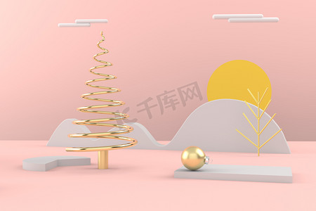 3d模型风景摄影照片_圣诞快乐明信片。圣诞金树。3D渲染。3D插图