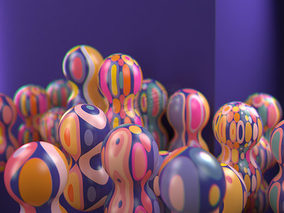 3d 渲染多彩多姿的装饰球。许多具有几何图案的球形形状。纹理生动的对象。抽象成分。关闭选择性焦点。浅自由度。在紫色背景上.