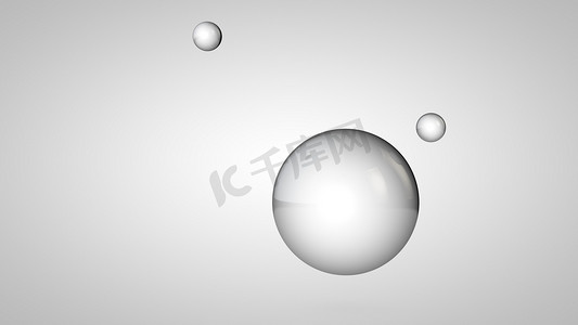 黑白球的3d插图，一个大球和两个小球。空中的球体，在白色背景上隔离。抽象的 3d 呈现。带有几何圆形物体的空间.