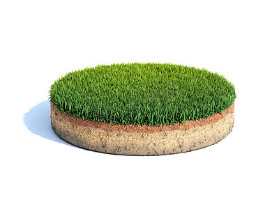 土壤风景摄影照片_带草坪、生态、地质概念的圆柱形地面横截面、用白色隔离的土壤样品、 3D图解