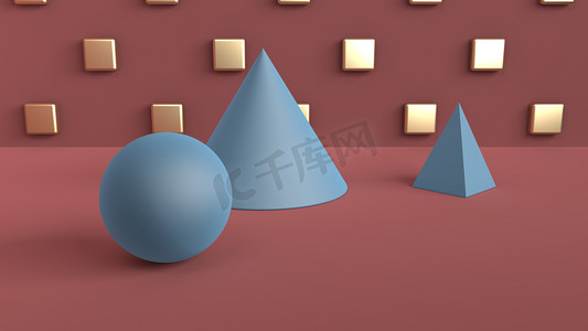 金字塔模型摄影照片_几何形状的抽象场景。球, 锥, 和金字塔蓝色。柔和的环境光在3d 场面与风扇红色褐色颜色和金黄立方体在棋盘样式在后面墙壁。3d 渲染
