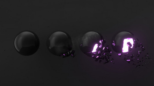 破碎的黑色球体, 内部有紫色的光芒, 黑色背景上的碎片。毁灭的概念。抽象3d 渲染插图. 