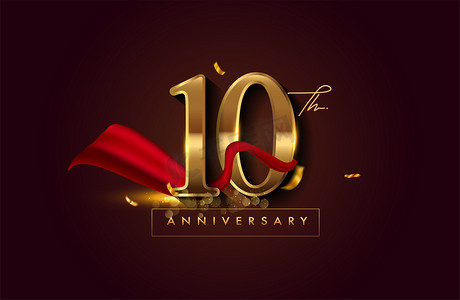 标签背景摄影照片_十周年的标志，带有红色缎带和金色的领带，背景典雅，闪闪发光，贺卡和邀请卡的矢量设计