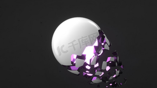 破碎的白色球体, 内部有紫色的光芒, 黑色背景上的碎片。毁灭的概念。抽象3d 渲染插图. 