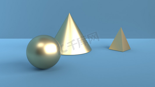 金字塔模型摄影照片_几何形状的抽象场景。球, 锥形和金字塔的黄金颜色。3d 场景中带有蓝色背景的柔和环境光线。3d 渲染