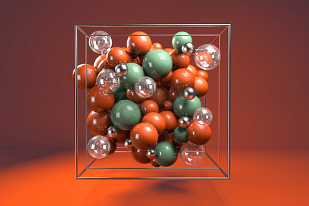 彩色透明立方体摄影照片_3d. 在铬丝立方体上的彩色光泽球体组。明亮的橙色和绿色塑料球与透明的气泡和金属球。橙色背景下的居中组合. 